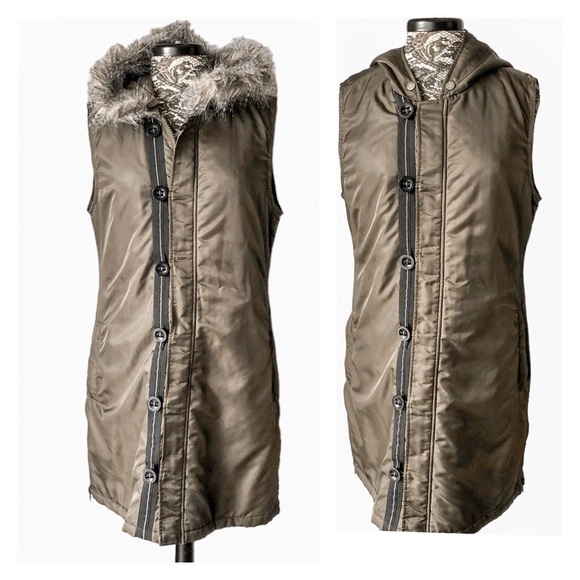 Anoarak Long Line Hooded Vest Removable Fur Trim Olive Green Large - Picture 13 of 14
